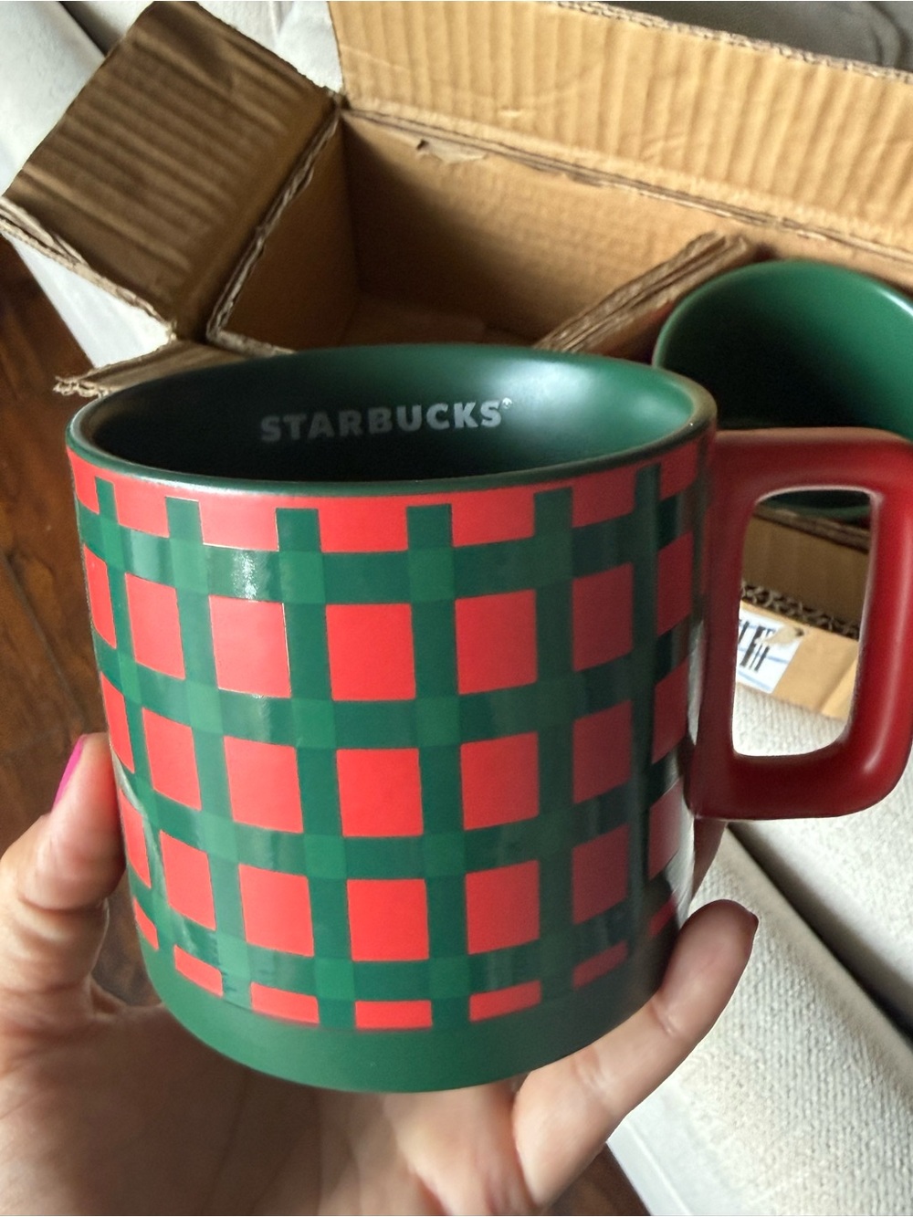 Set of 2 Starbucks Red & Green Plaid Ceramic Holiday Mugs